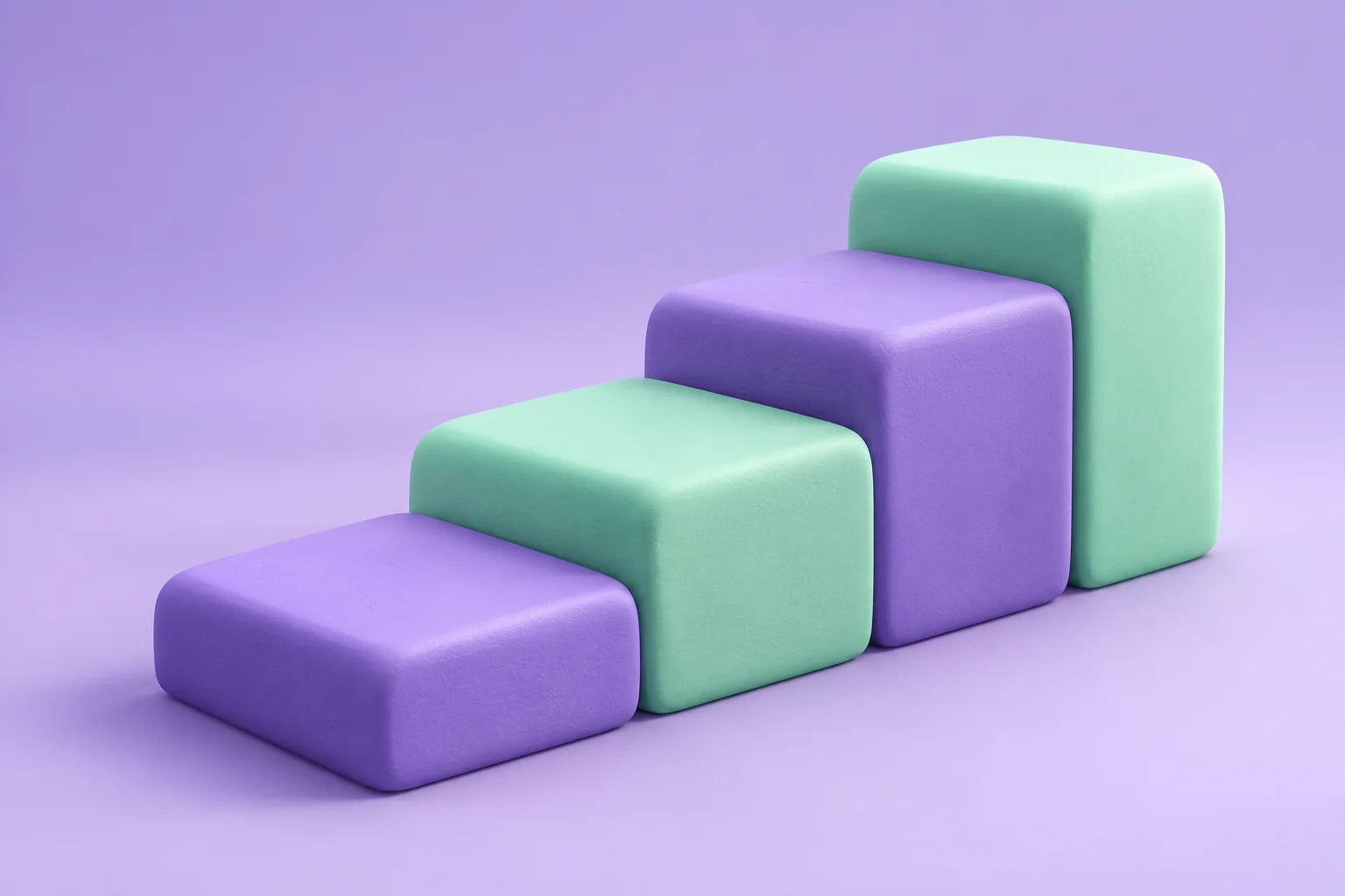 Escalones ilustrados en violeta y menta que representan el aprendizaje progresivo de herramientas de IA