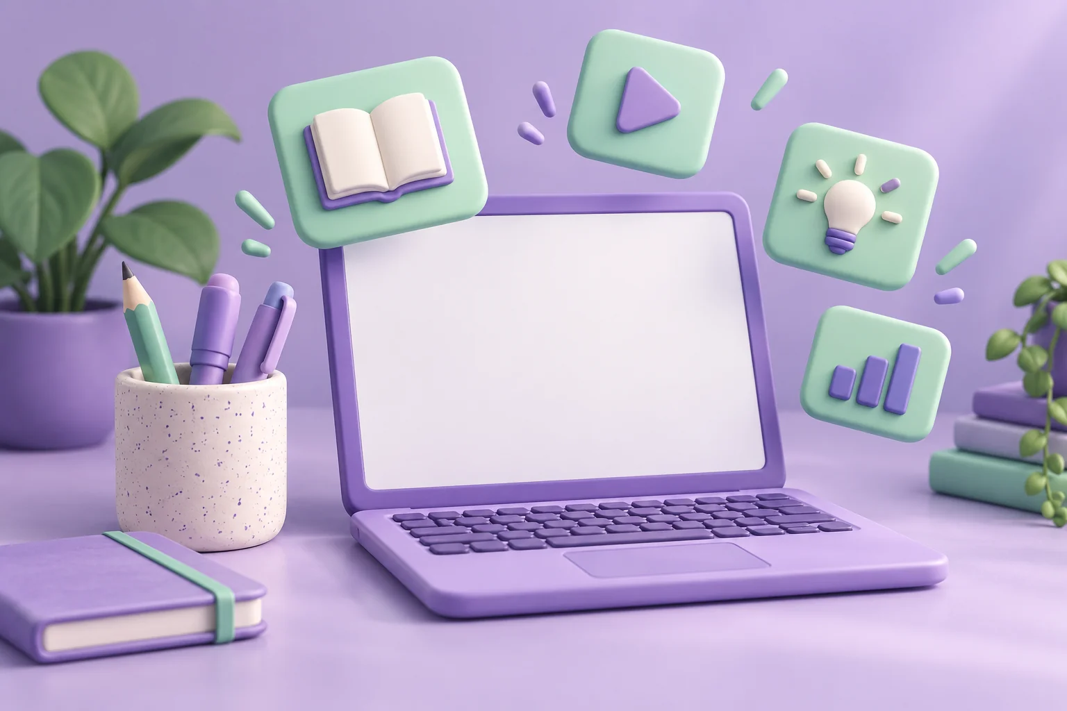 Ilustración de una computadora violeta con elementos educativos para comenzar un curso de inteligencia artificial